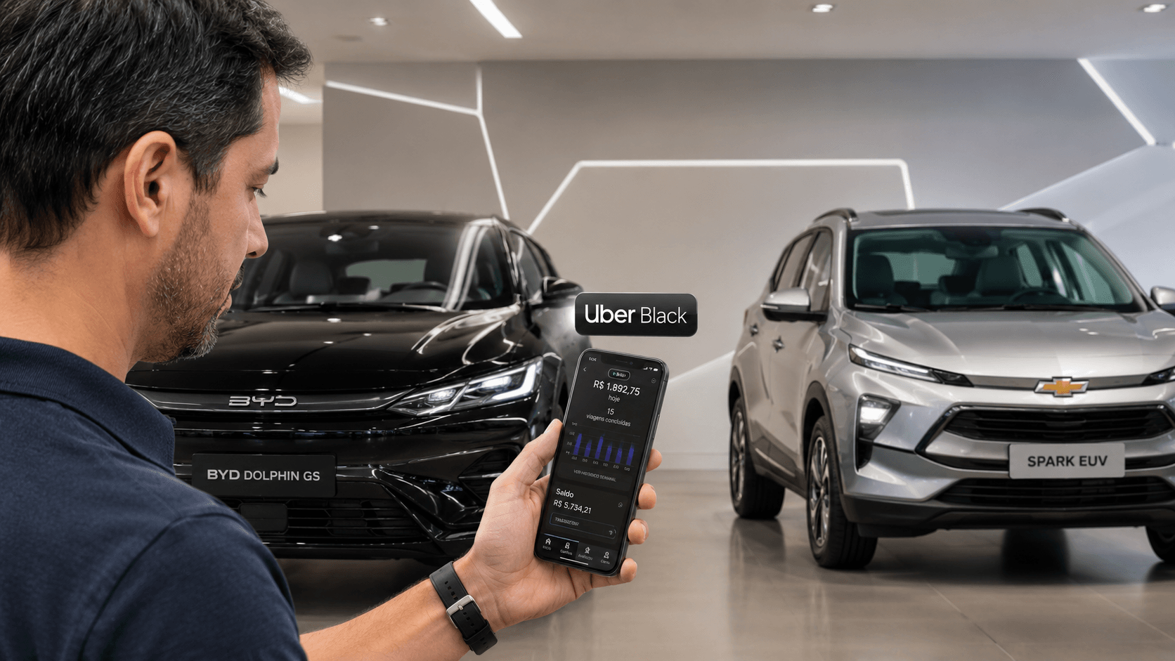 Lista Uber 2027: motorista avaliando carro novo aceito na categoria Black