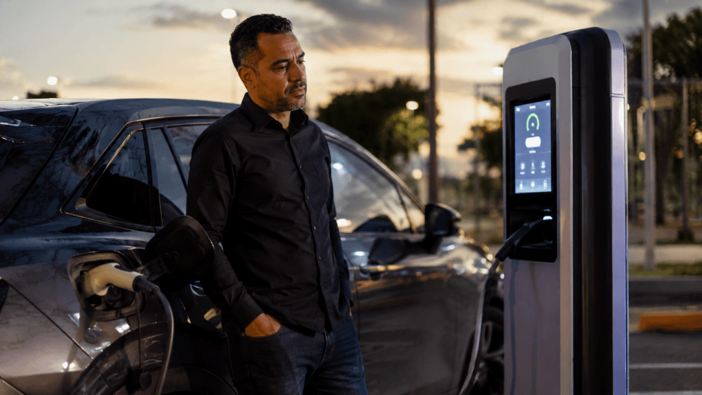 Carro elétrico na Uber vale a pena? Motorista avaliando o lucro ao lado do veículo elétrico
