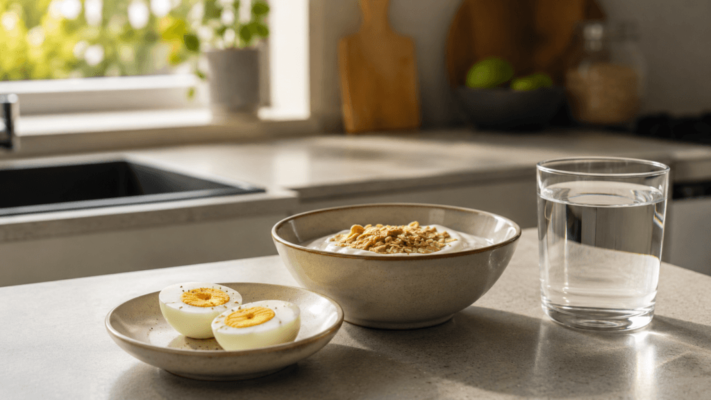 Hábitos de alimentação motorista de app: café da manhã com ovos e iogurte rico em proteína