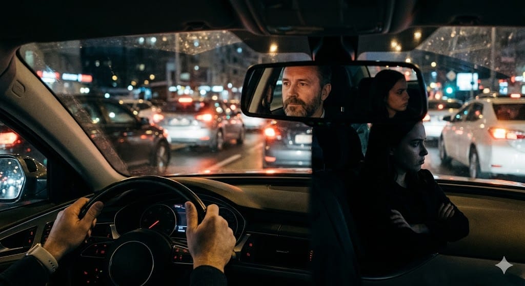 Visão em primeira pessoa de um motorista calmo dirigindo à noite no trânsito urbano, com o espelho retrovisor refletindo sua expressão focada e a silhueta de uma passageira difícil com os braços cruzados e tensa no banco de trás