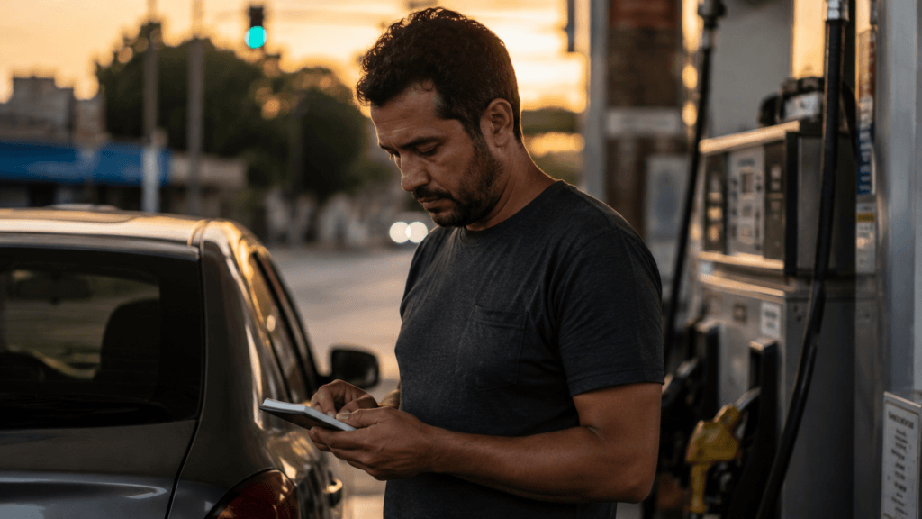 Motorista de app calculando gastos ao lado do carro, representando o impacto financeiro da decisão do STF sobre FGTS e 13º salário