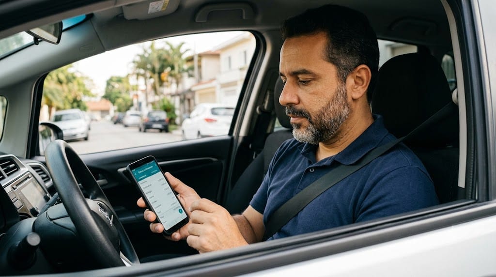 Motorista calculando a diferença entre aluguel de carro e financiamento de carro para motorista de aplicativo