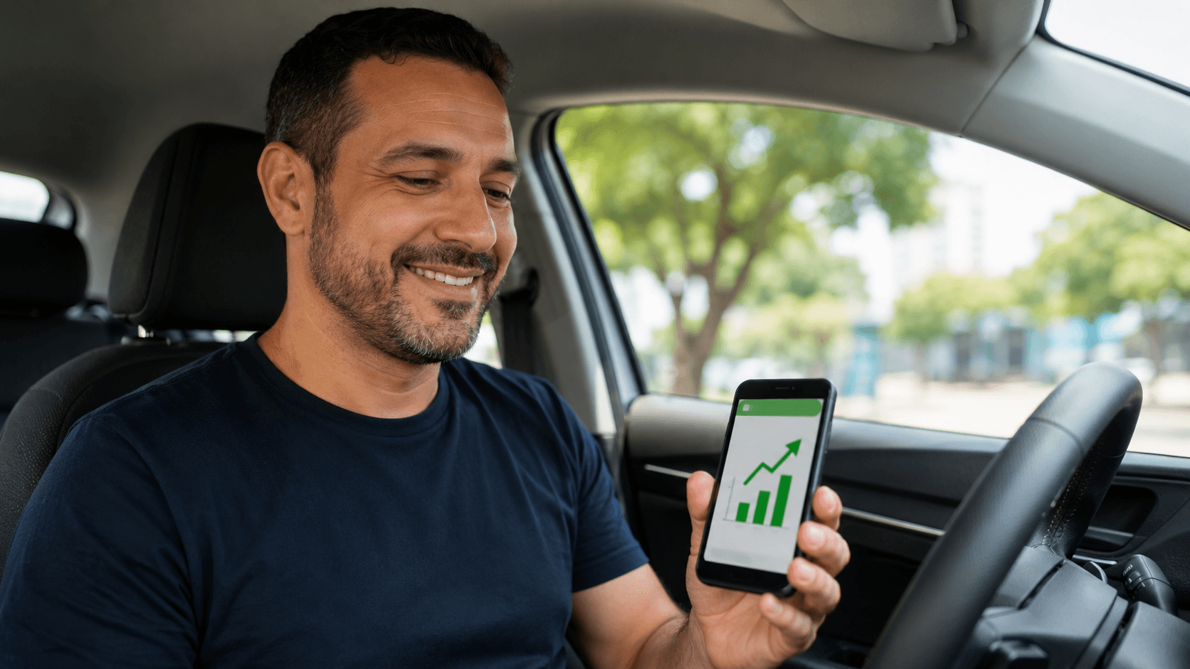 Ganho do motorista de app com carro elétrico: motorista verificando seus rendimentos no celular.