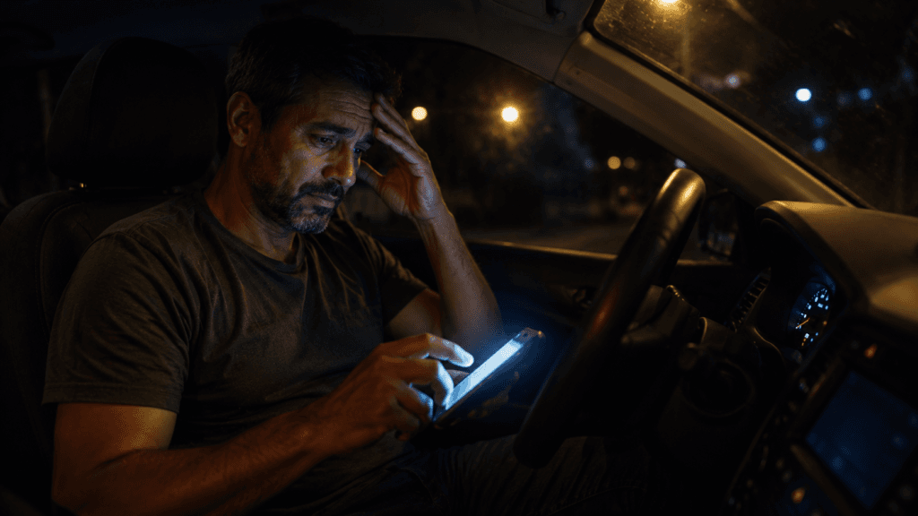 Hora de parar motorista de app: motorista hesitando em aceitar mais uma corrida tarde da noite