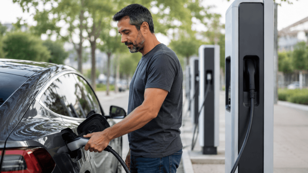 Motorista carregando carro elétrico em ponto de recarga pública, mostrando os desafios de infraestrutura no Brasil