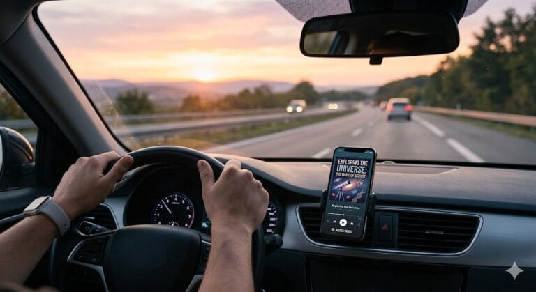 Mente ao volante: Motorista calmo dirigindo enquanto treina a mentalidade com audiobooks sobre ciência