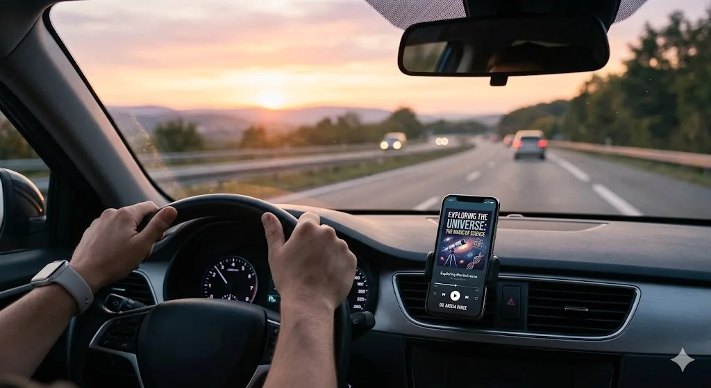 Mente ao volante: Motorista calmo dirigindo enquanto treina a mentalidade com audiobooks sobre ciência