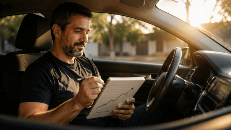 Mindset do motorista empreendedor: motorista analisando seus ganhos com clareza e foco