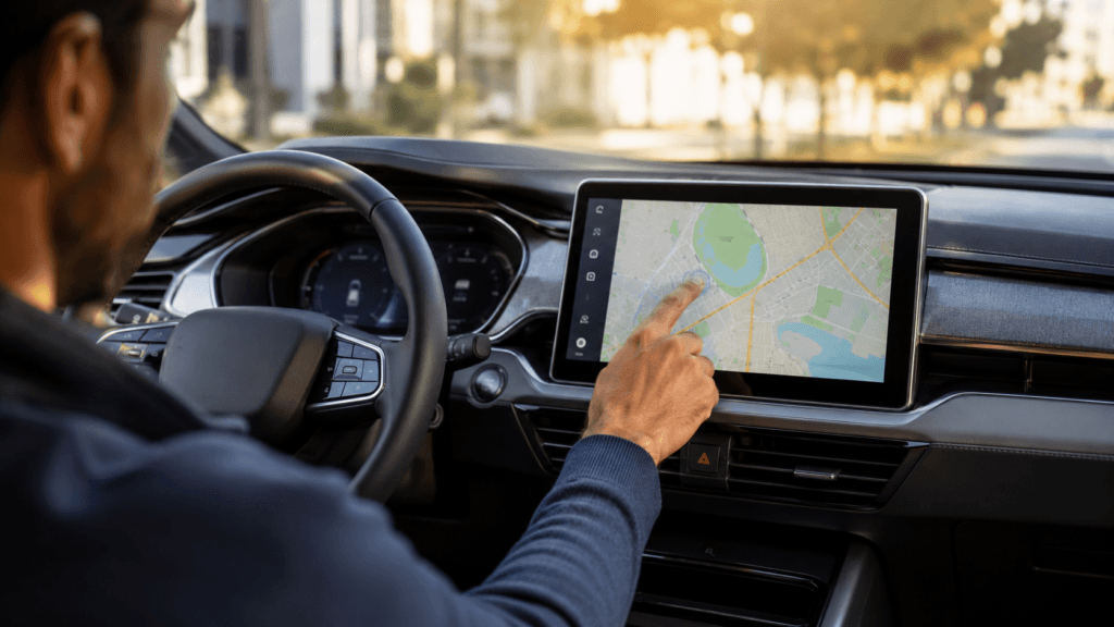 Atualização de software no carro: motorista utilizando nova interface após atualização gratuita