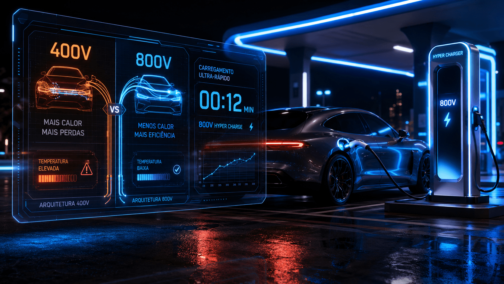 Comparativo técnico de carregamento rápido em carros elétricos 800V e modelos de 400V.