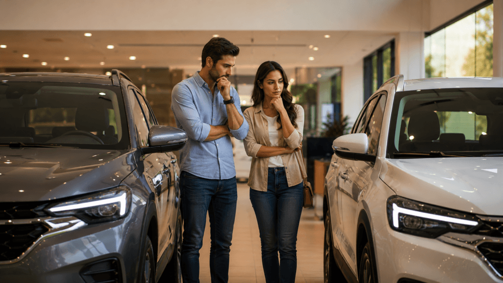 Carros híbridos no Brasil: consumidor comparando modelos híbridos em concessionária moderna