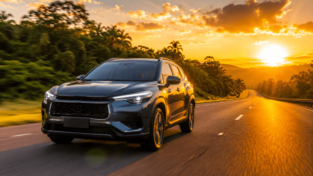 Carros híbridos no Brasil: SUV moderno em estrada brasileira com tecnologia híbrida flex a etanol.