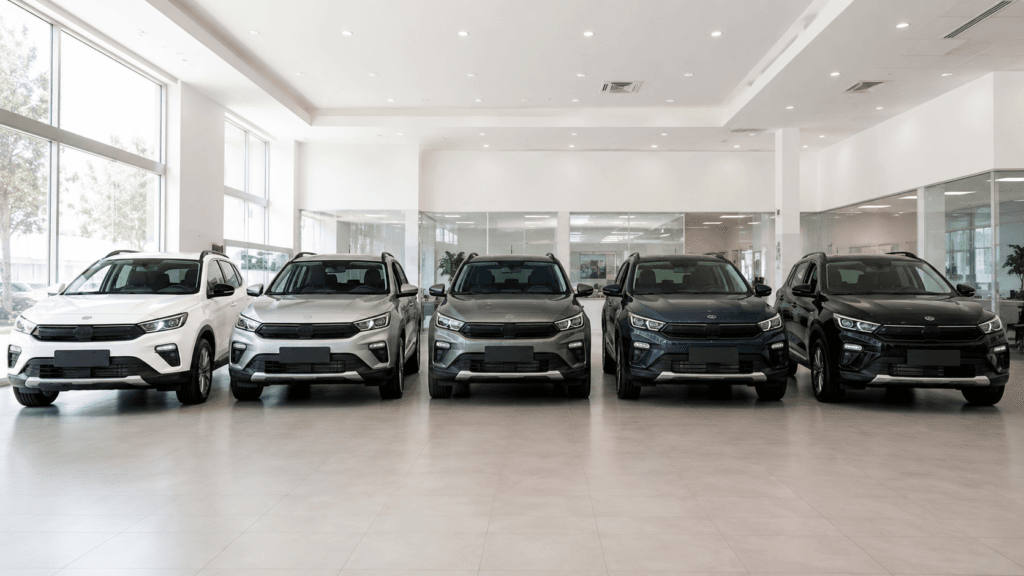 Como escolher SUV híbrido ou elétrico: vitrine com modelos praticamente idênticos entre si