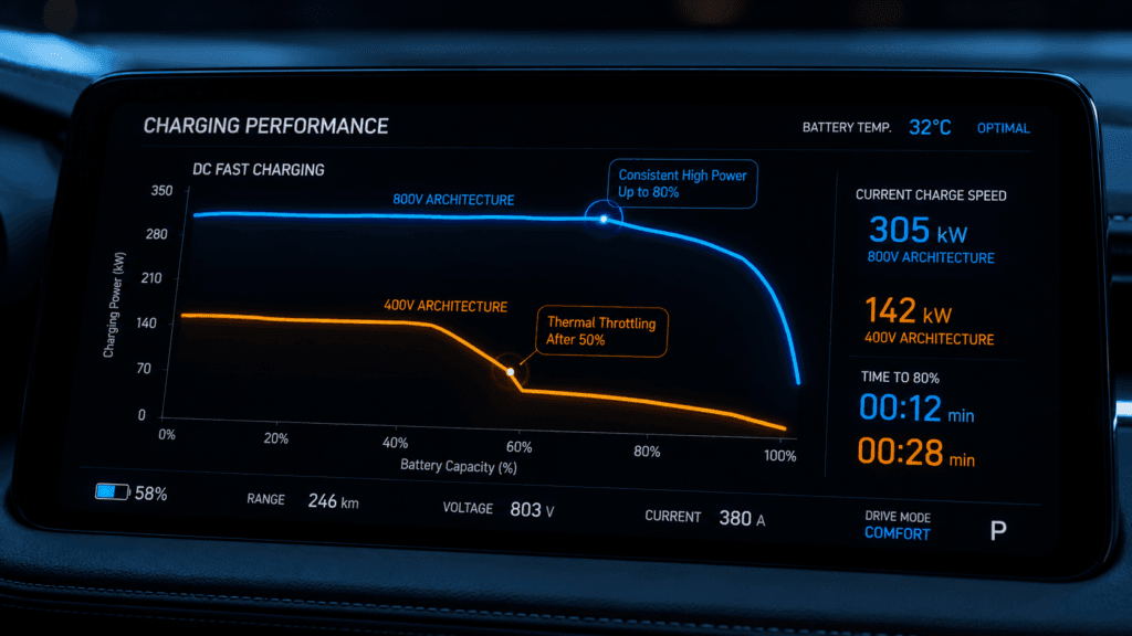 Gráfico de telemetria automotiva comparando a curva de recarga estável de carros elétricos 800V com a queda de desempenho por calor em modelos 400V.