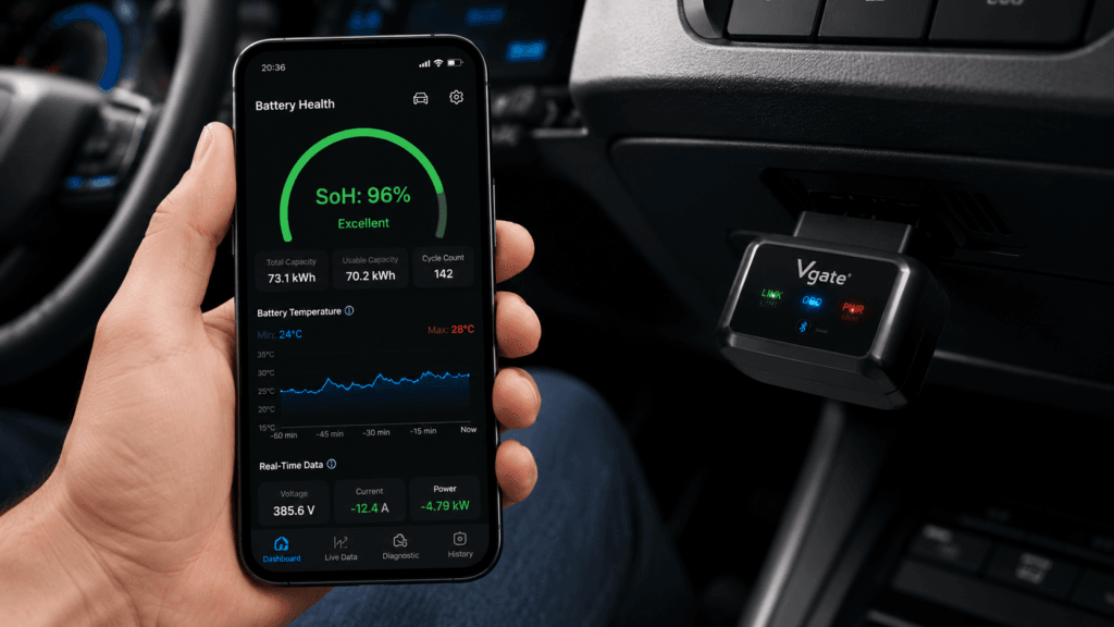 Mecânico ou proprietário utilizando um aplicativo de smartphone conectado via scanner OBD2 para verificar a durabilidade da bateria do carro elétrico em um painel digital.