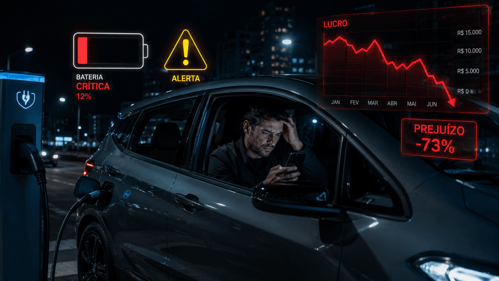Motorista de aplicativo preocupado com o erro com carro elétrico e o desgaste da bateria.