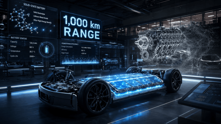 Carro conceitual futurista com motor elétrico exposto exibindo células de bateria de estado sólido e holograma indicando o futuro dos carros elétricos com 1000 km de autonomia.