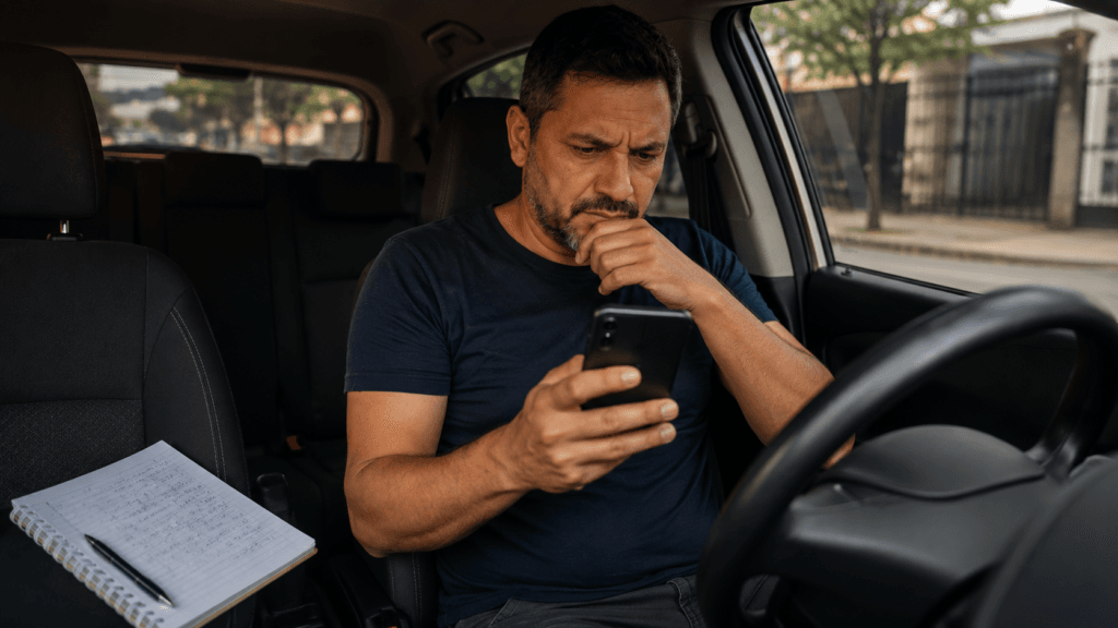 Move Brasil motorista de app: motorista calculando renda variável e parcelas de financiamento dentro do carro.