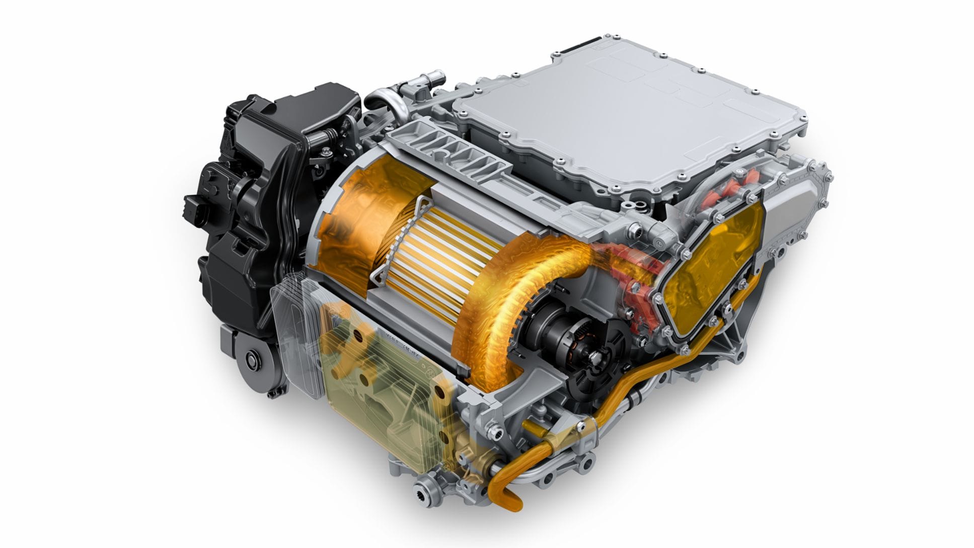 Ilustração 3D em corte transversal detalhando um powertrain elétrico revelando as bobinas do motor iluminadas em laranja, o inversor de corrente no topo e a lateral da transmissão.