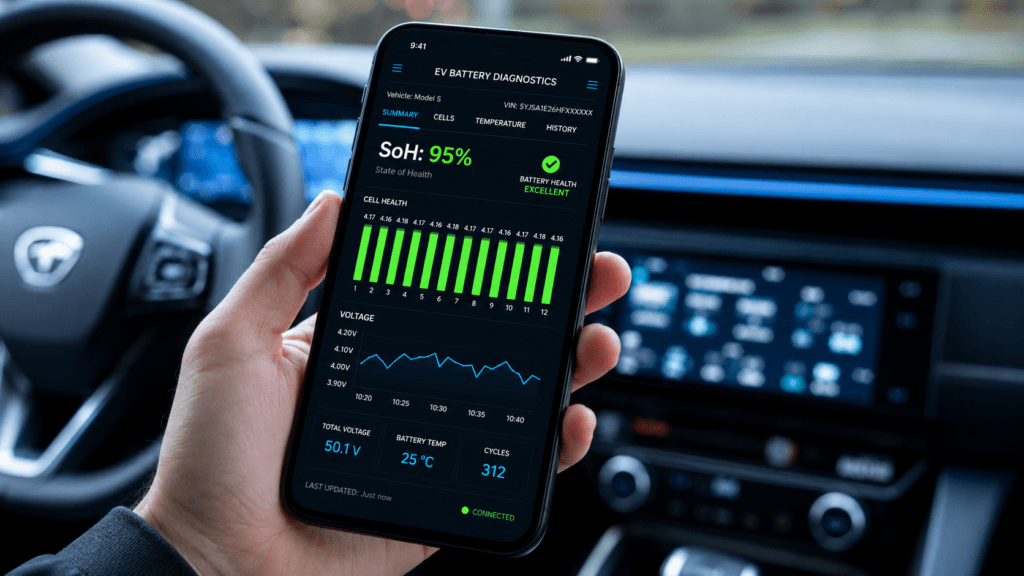Smartphone exibindo aplicativo de diagnóstico de bateria via bluetooth para evitar erros com carro elétrico no aplicativo.