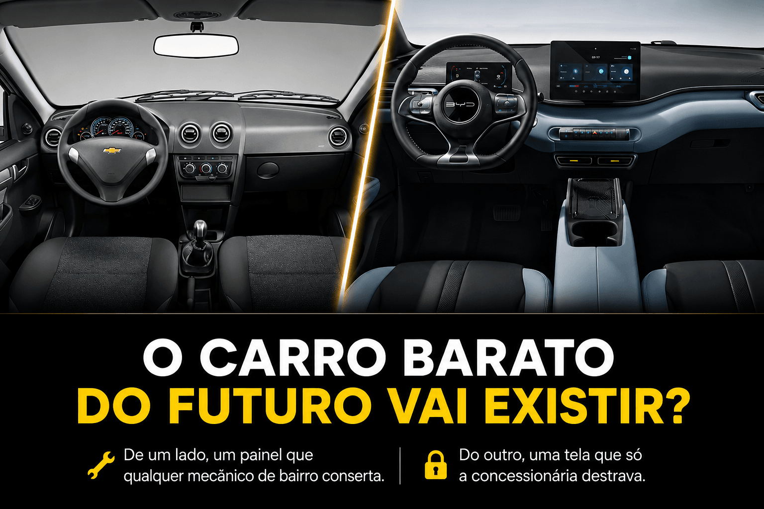 Manutenção de carro elétrico: comparação entre o interior do Chevrolet Celta e do BYD Dolphin Mini