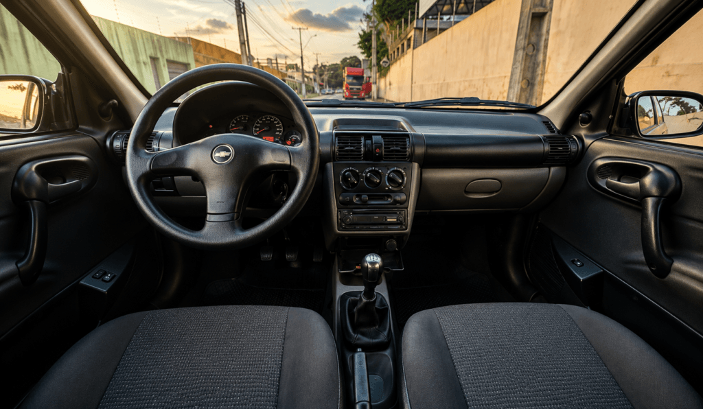 Manutenção de carro elétrico: interior analógico do Chevrolet Classic, exemplo de carro popular antigo